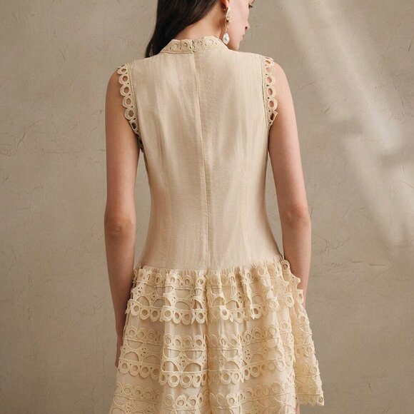 Apricot Elegant Women's French Floral Lace A-Line Collar Sleeveless Crop Dress - Picture 2 of 7